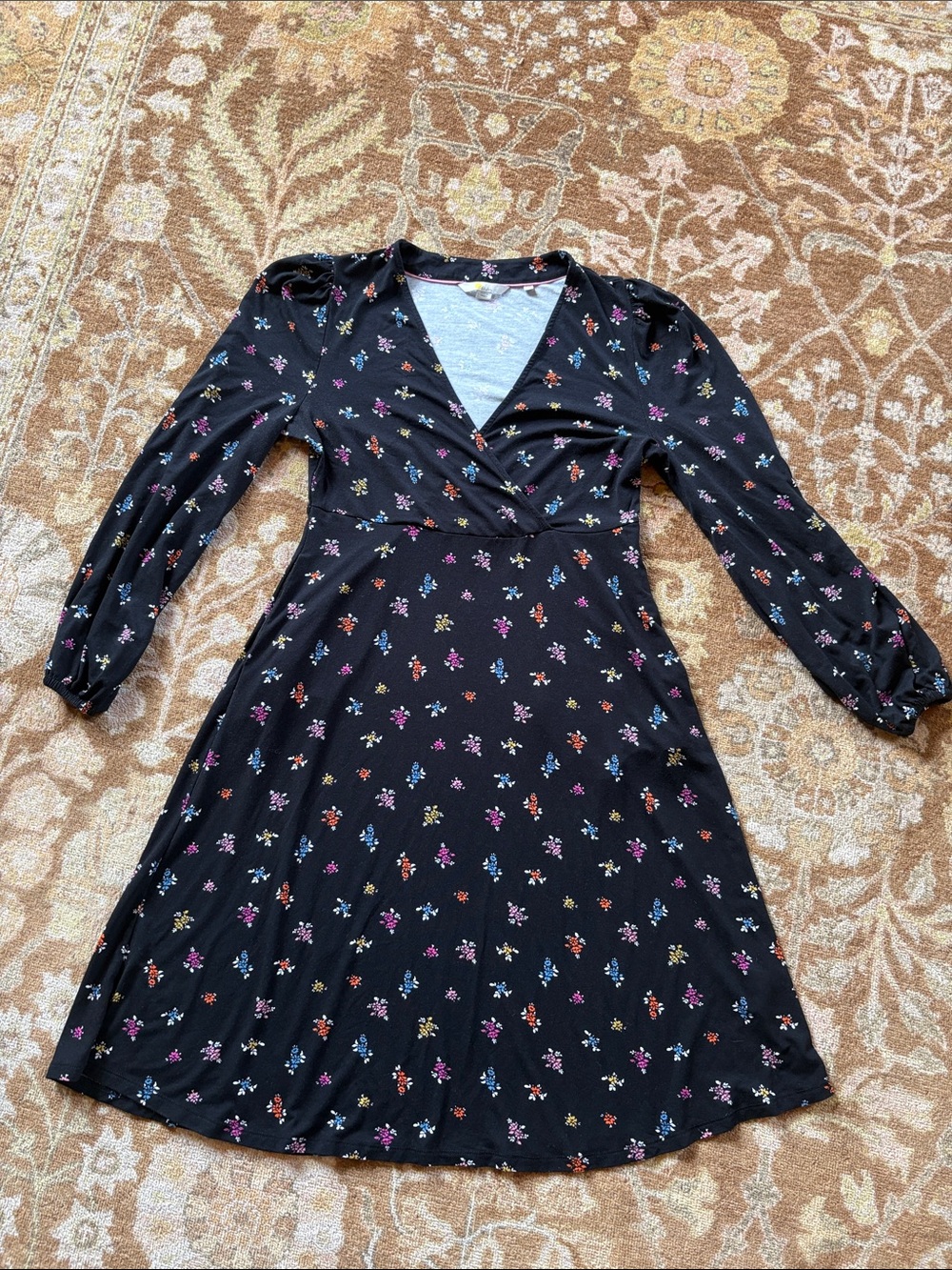 Boden Black Floral Midi Faux Wrap Dress